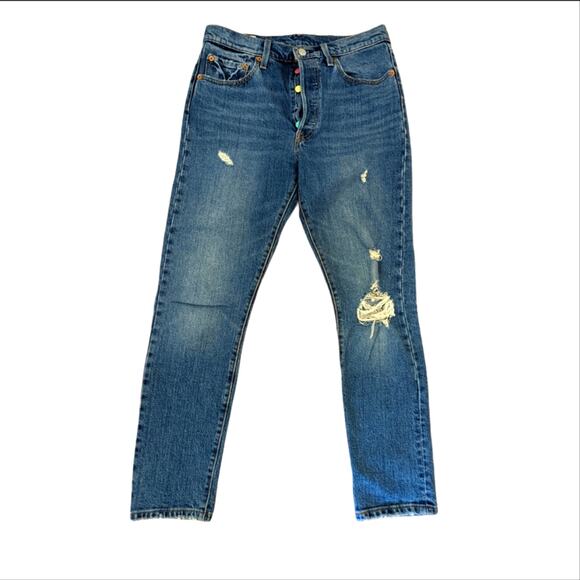 Levi's Premium 501s Button Fly Medium Wash Rigid Distressed Skinny Jeans - Picture 1 of 10